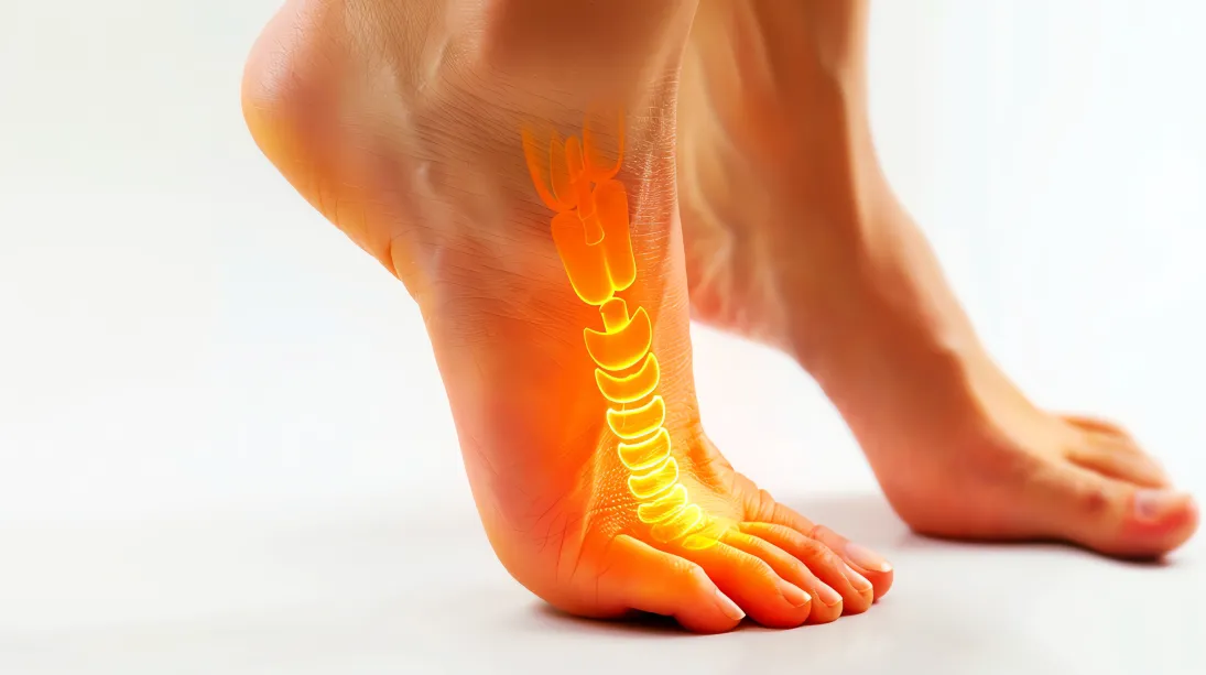 Woman's foot with an X-ray style image, showing bones and highlighting pain in the arch.