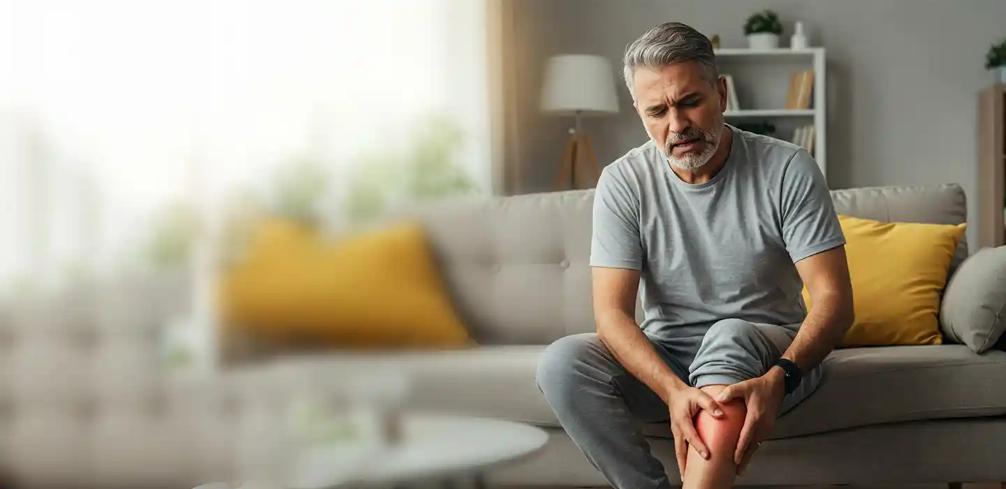 Man bending slightly and holding his knee, showing visible pain on his face