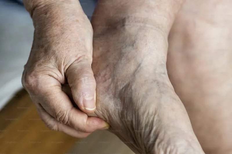 Close-up of a person experiencing heel pain and discomfort, a common symptom of nighttime peripheral neuropath